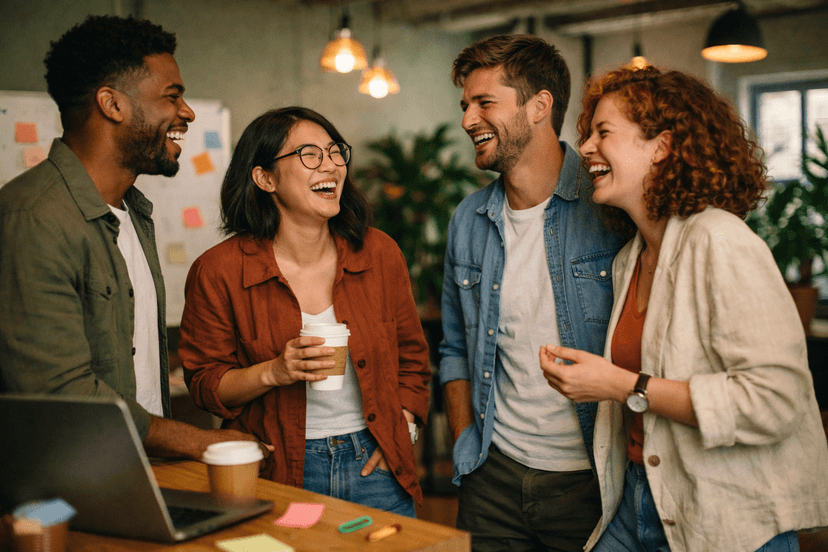 Two women happily working together on a laptop