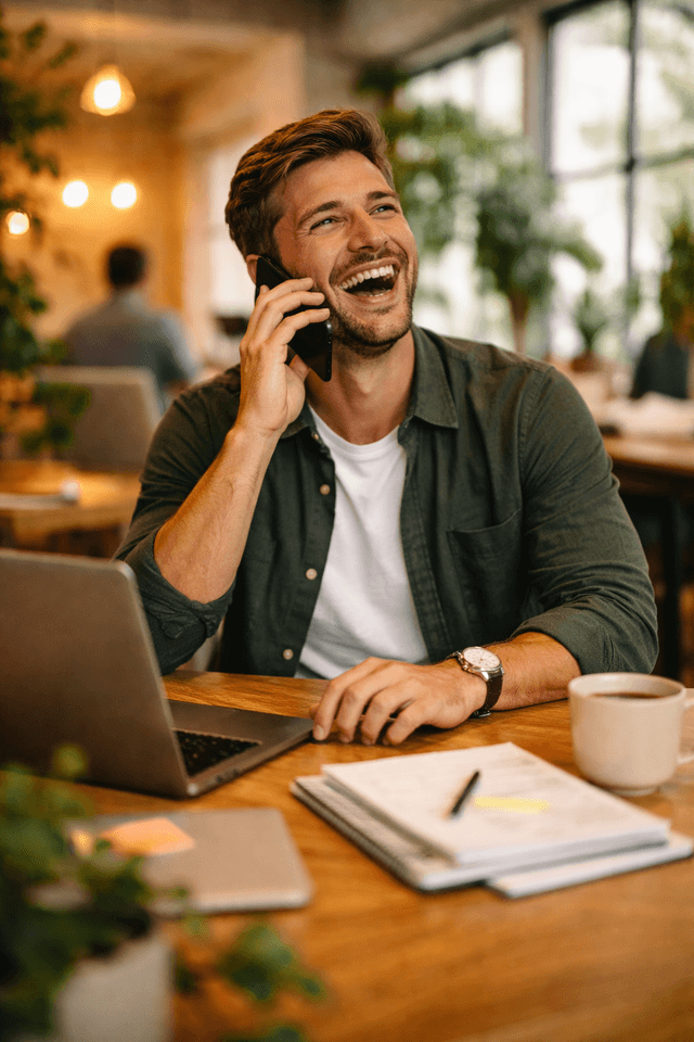 Man happily talking on the phone in a sunny office